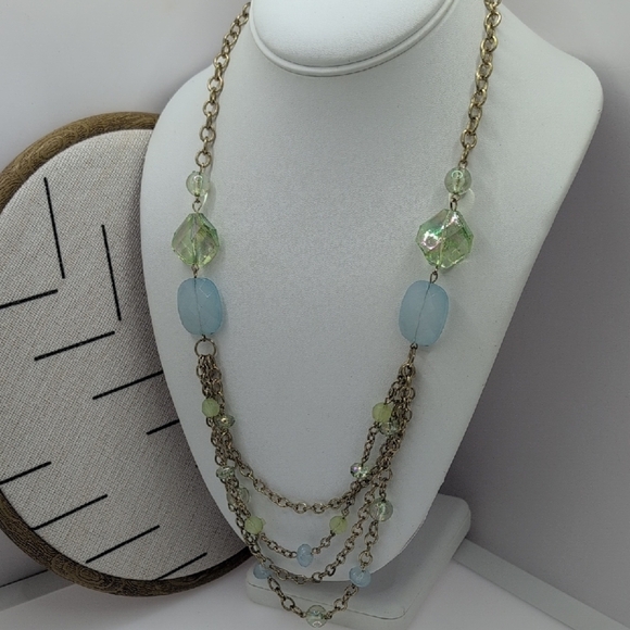 Gold and Green Multi-Strand Necklace with Beads - Picture 1 of 4